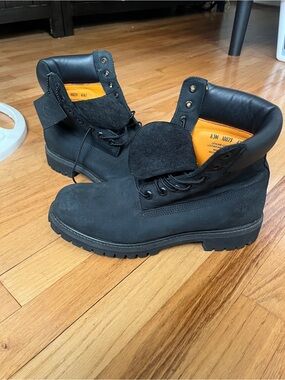 Timberland Black Leather Work Boots with Orange Lining